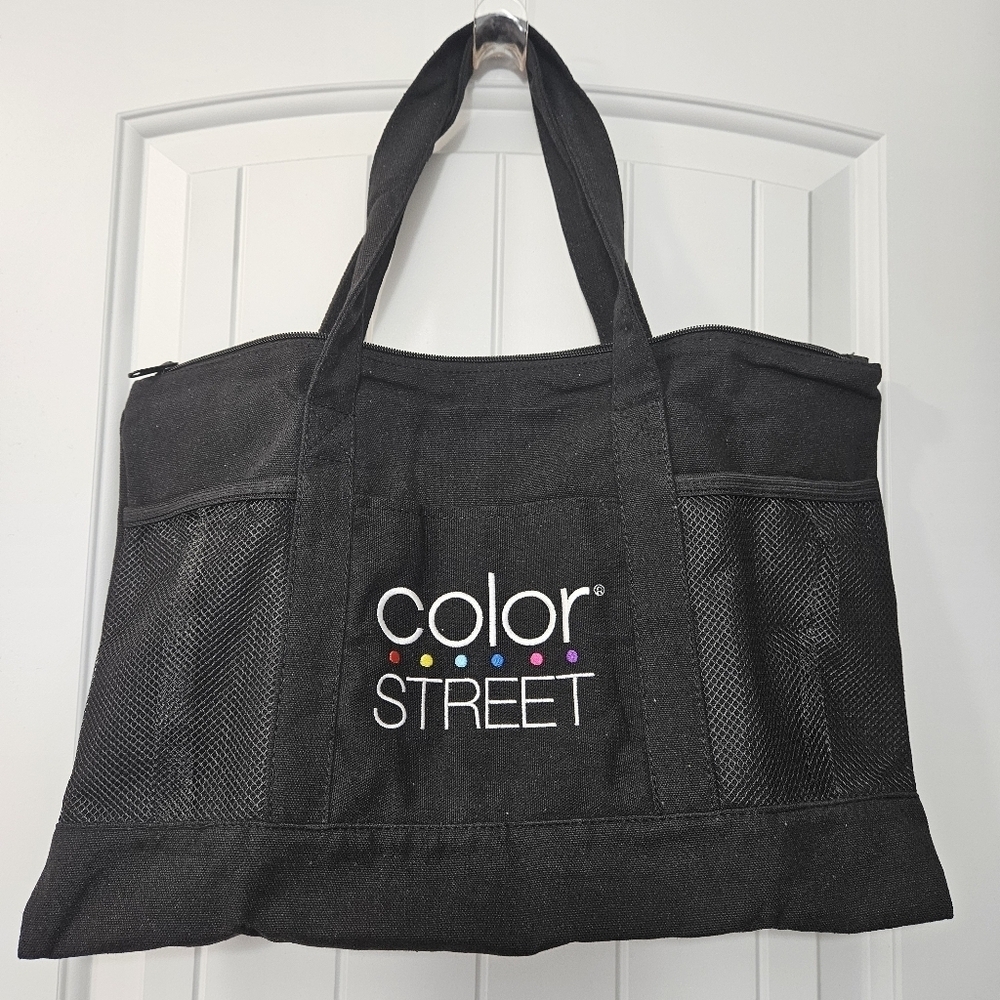 Color Street Black Canvas Tote Bag With Zipper Closure & 3 Outside Pockets
